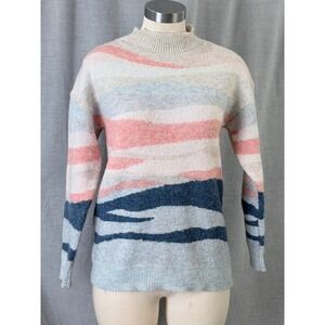Monsoon Abstract Landscape Pastel Mock Neck Pullover Sweater Pink Blue Small